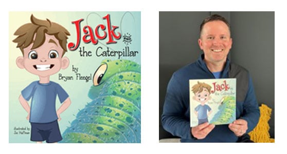 On the left, a children's book titled "Jack the Caterpillar" features a smiling cartoon boy and a large green caterpillar. On the right, a smiling man in a blue shirt holds a copy of the same book.