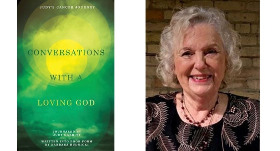 On the left, a green book cover titled "Conversations with a Loving God," journaled by Judy Gansert, written by Barbara Rudnicki. On the right, a smiling older woman with curly white hair, wearing a dark patterned top, posing against a brick background.