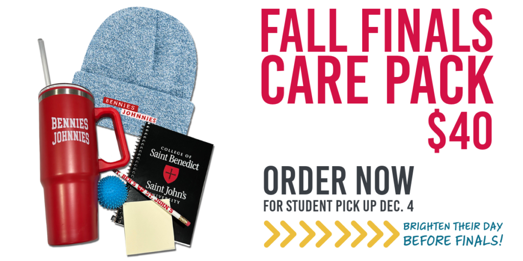 A promotional image for a "Fall Finals Care Pack" priced at $40. It includes a Bennies Johnnies tumbler, gray knitted hat, a book, sticky notes, stress ball, and pencils. Text indicates to order now for student pick-up on December 4 before finals.