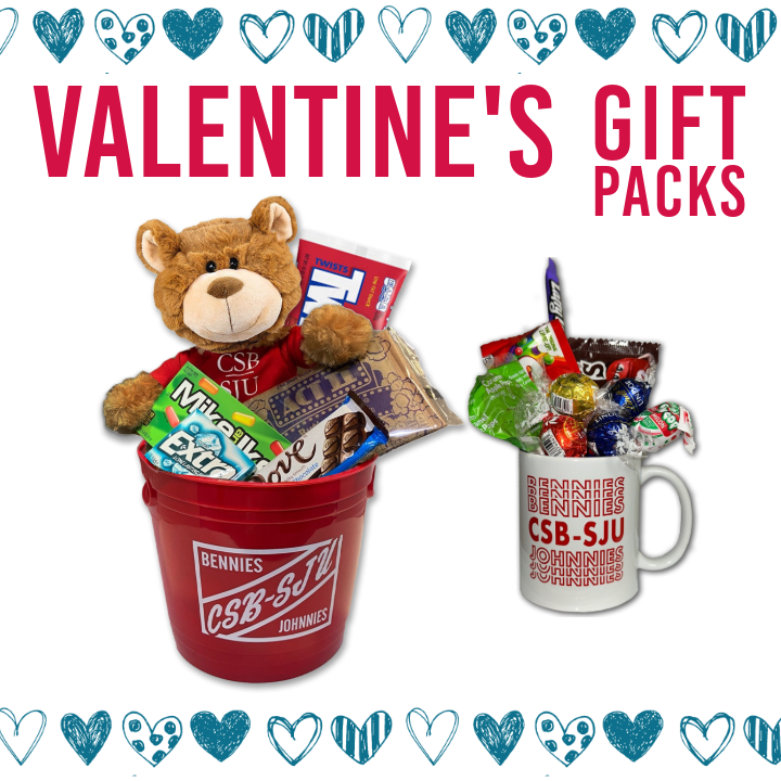 Valentine's Day gift packs with a teddy bear, snacks, and chocolates in a red bucket and a white mug. Both have "Bennies CSB-SJU Johnnies" logos. Decorated with blue and red hearts.