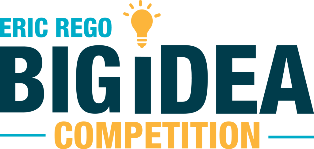 Text graphic featuring "ERIC REGO BIG IDEA COMPETITION" with "BIG IDEA" in large blue letters. A stylized lightbulb icon replaces the letter "I." The words "ERIC REGO" and "COMPETITION" are in smaller text above and below in teal and orange.