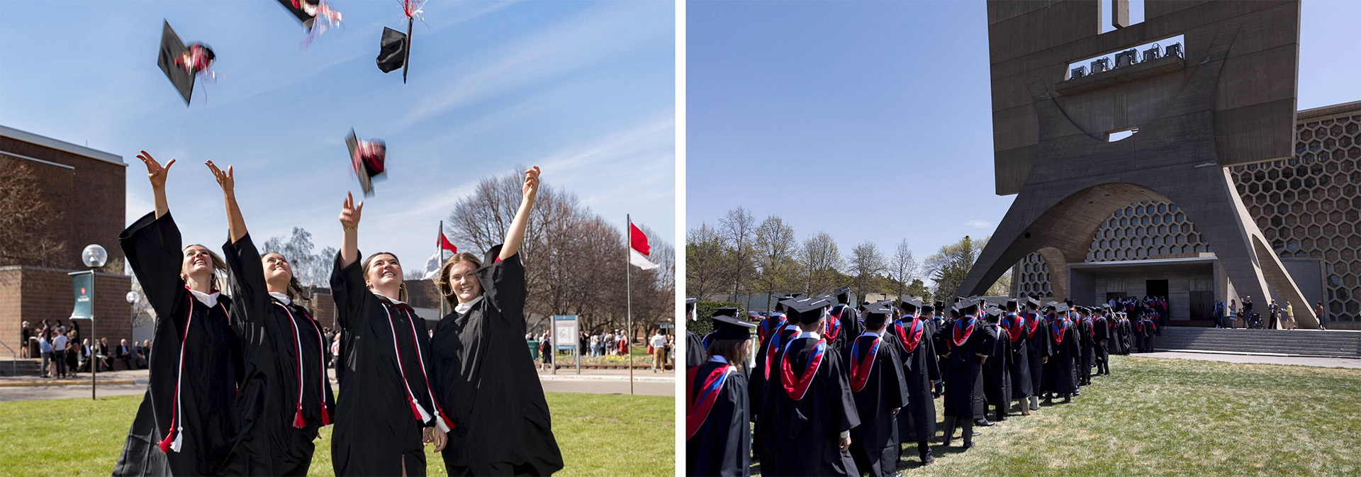 Left image: Graduates in caps and gowns joyfully toss their mortarboards into the air. Right image: A line of graduates in black robes and red hoods stand outside a modern building, preparing for a ceremony.