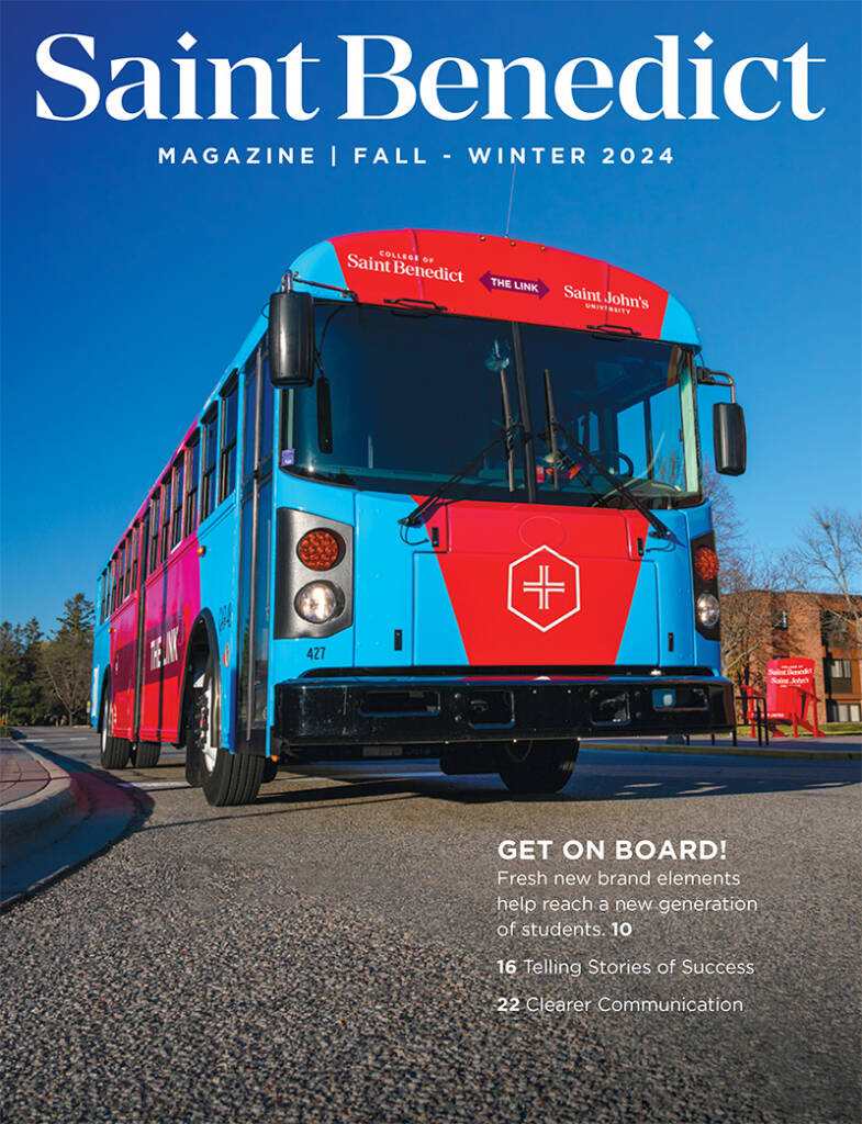 A blue and red bus with "Saint Benedict" branding is parked on a street. The sky is clear and blue. Text on the image includes "Saint Benedict Magazine" and article previews such as "Get on Board!" and "16 Telling Stories of Success.