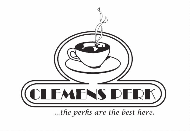 Logo for Clemens Perk, featuring a stylized illustration of a steaming coffee cup on a saucer within an oval outline. Below the oval, the text reads "Clemens Perk" and underneath, the slogan says "...the perks are the best here.