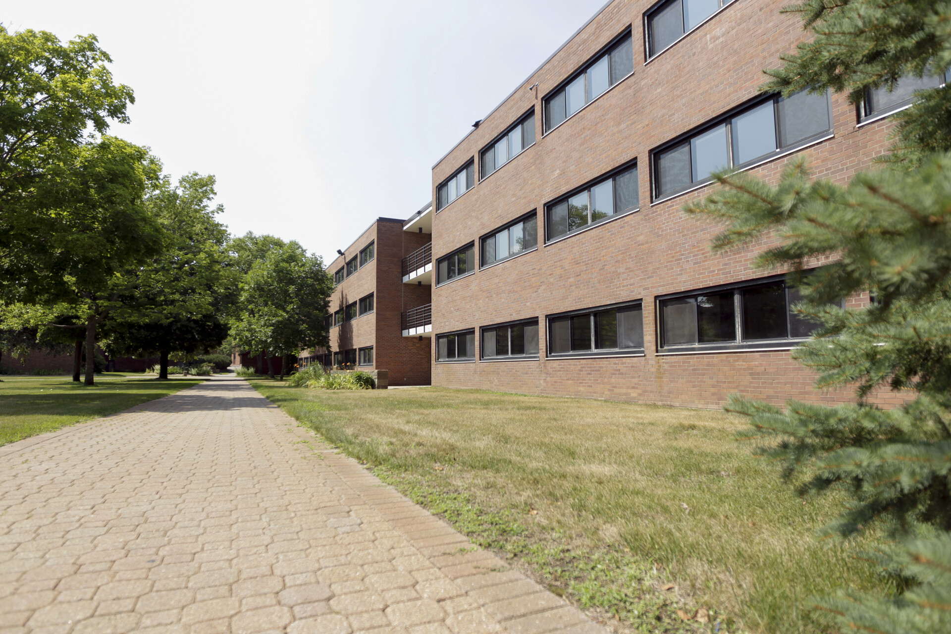 A pathway made of brown hexagonal bricks leads past a rectangular, three-story brick building with numerous rectangular windows. The area is landscaped with grass and trees, and the sky is clear. Coniferous branches are visible in the foreground to the right.