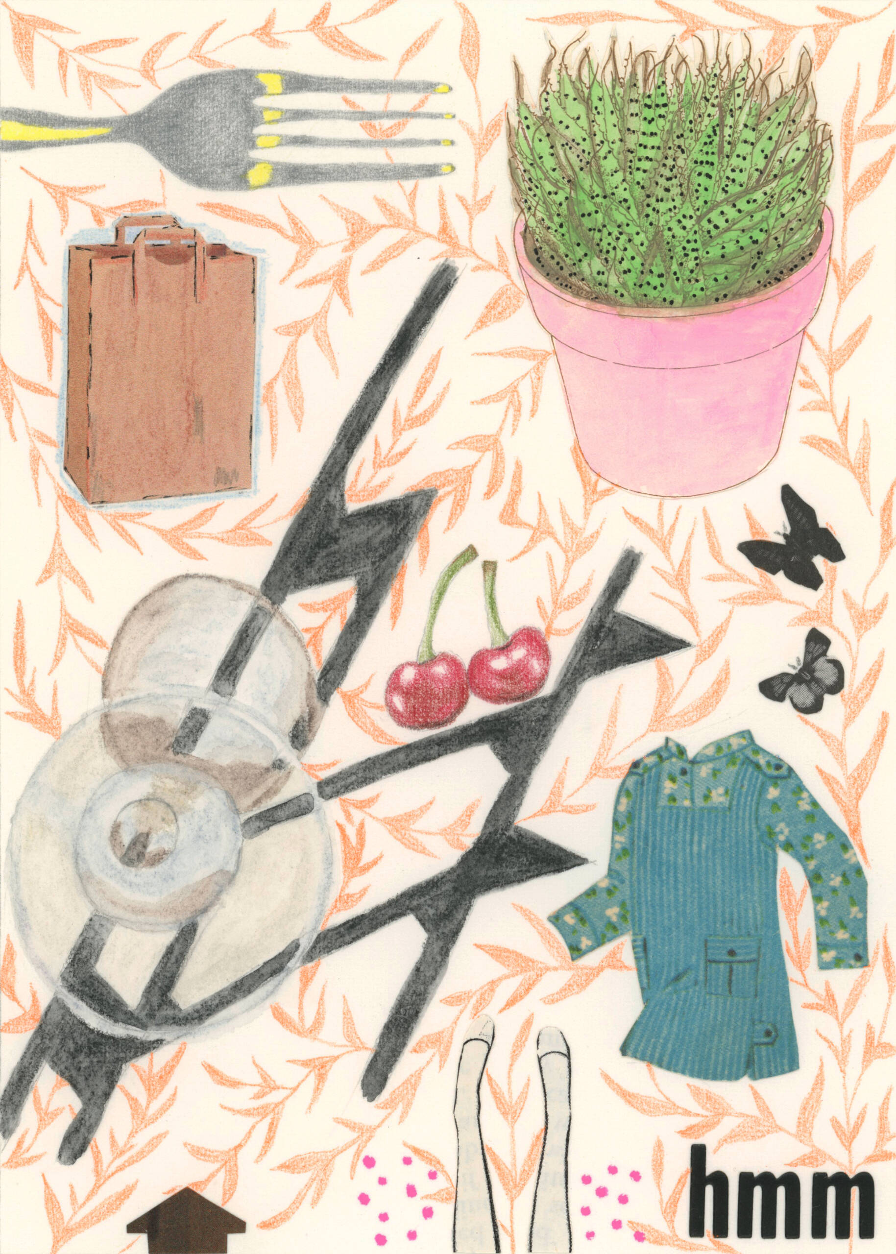 Drawing of cactus, paper bag, sweater, cherries and butterflies. 