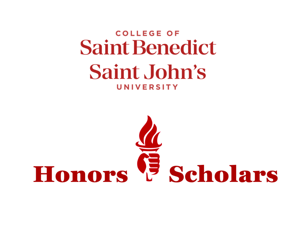 College of Saint Benedict and Saint John's University logo. Below, a red torch icon is centered between the words "Honors" and "Scholars.