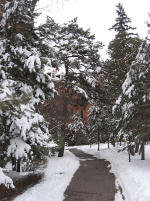 walkway along Teresa Hall, with St. Gertrude Hall in distance