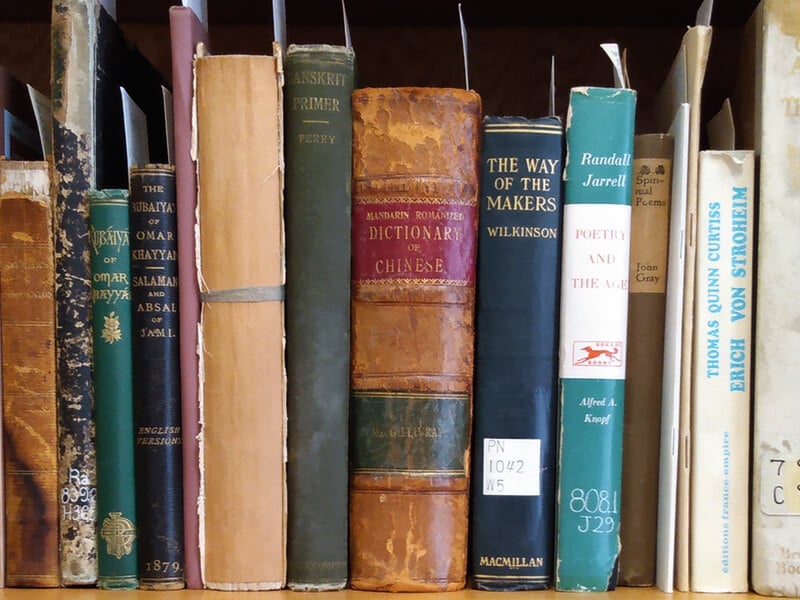 A shelf containing rare books at Clemens Library