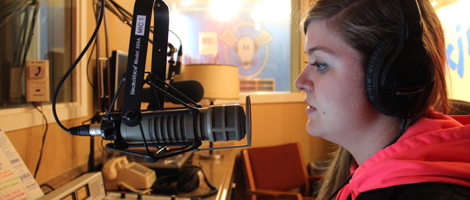 A CSB student produces a podcast. 