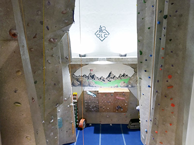 image of climbing wall, viewed from balcony above