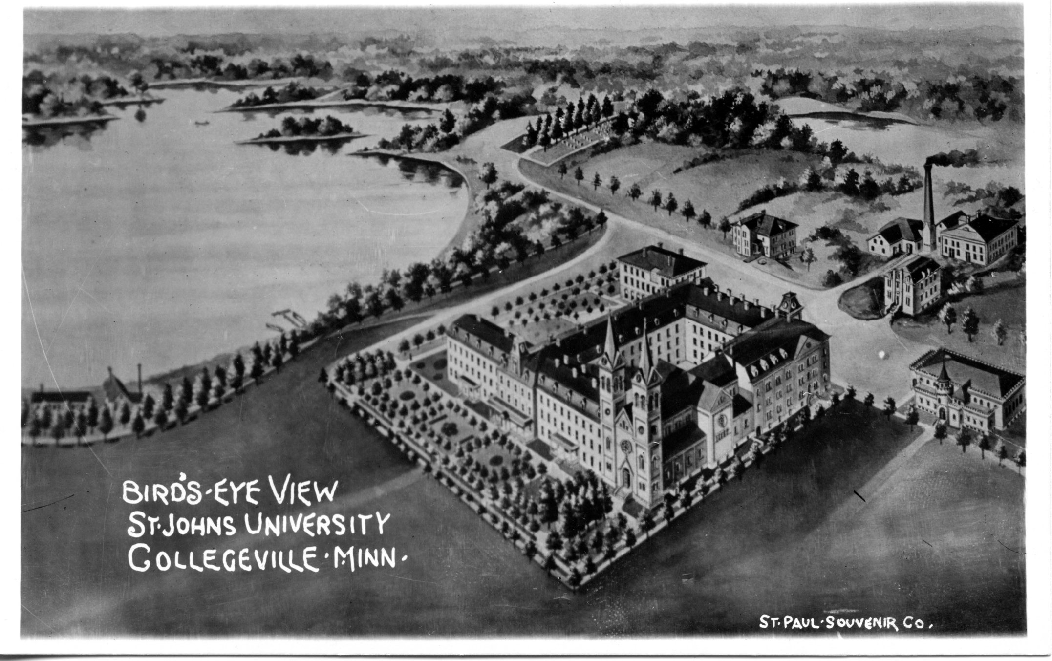 1911 postcard of a “Bird’s Eye View” of Saint John’s Abbey and University drawing, looking SW