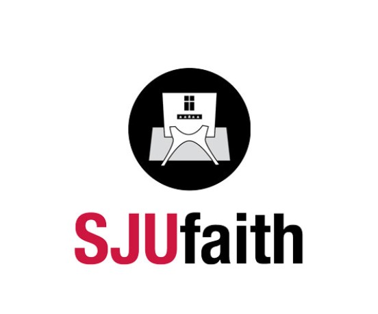 Red white and black lettering SJU Faith with outline drawing of the Abbey Church