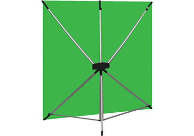 An X-frame green screen backdrop with a sturdy metal support structure, set up on a plain white background.