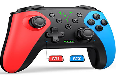 A gaming controller with a red left side and a blue right side. It features dual analog sticks, a directional pad, and labeled buttons X, Y, B, A. Additional buttons M1 and M2 are shown below the controller, with a green logo and indicator lights.