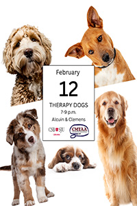 Five dogs of different breeds and colors surround text that reads, "February 12, Therapy Dogs, 7-9 p.m., Alcuin & Clemens," with logos beneath.