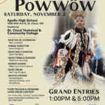 A flyer for the 2024 Ptanyétu Powwow on Saturday, November 2, at Apollo High School, St. Cloud, MN. Sponsored by educational institutions, it features event details, organizers, and performers with an image of a person in traditional attire.