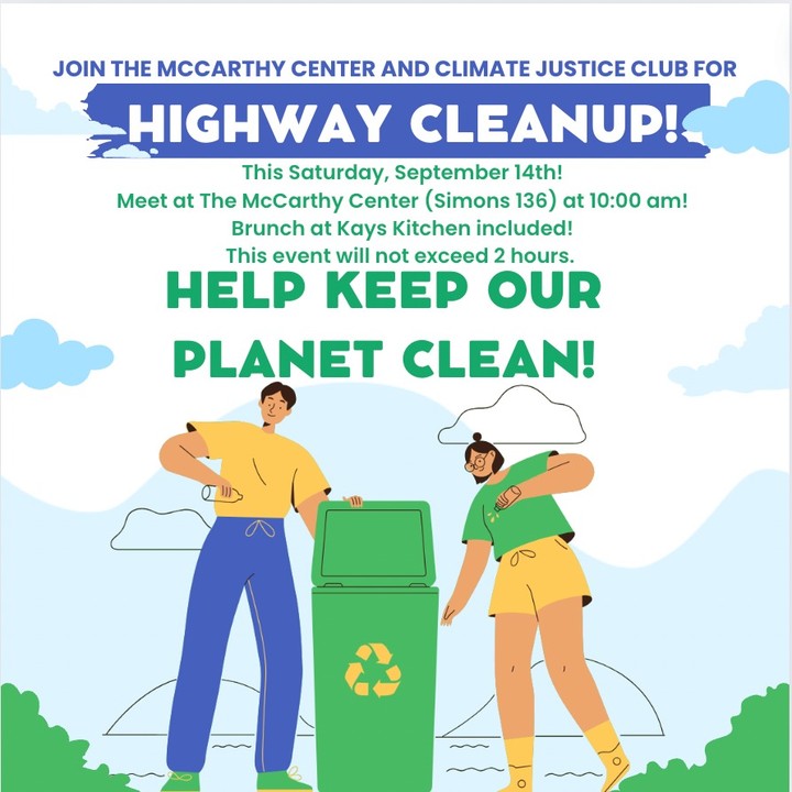 Illustration of two people placing items into a recycling bin, promoting a highway cleanup event. Includes details: Saturday, September 14th, 10:00 am at the McCarthy Center, with brunch afterward. Event won't exceed 2 hours. Message: "Help Keep Our Planet Clean!.