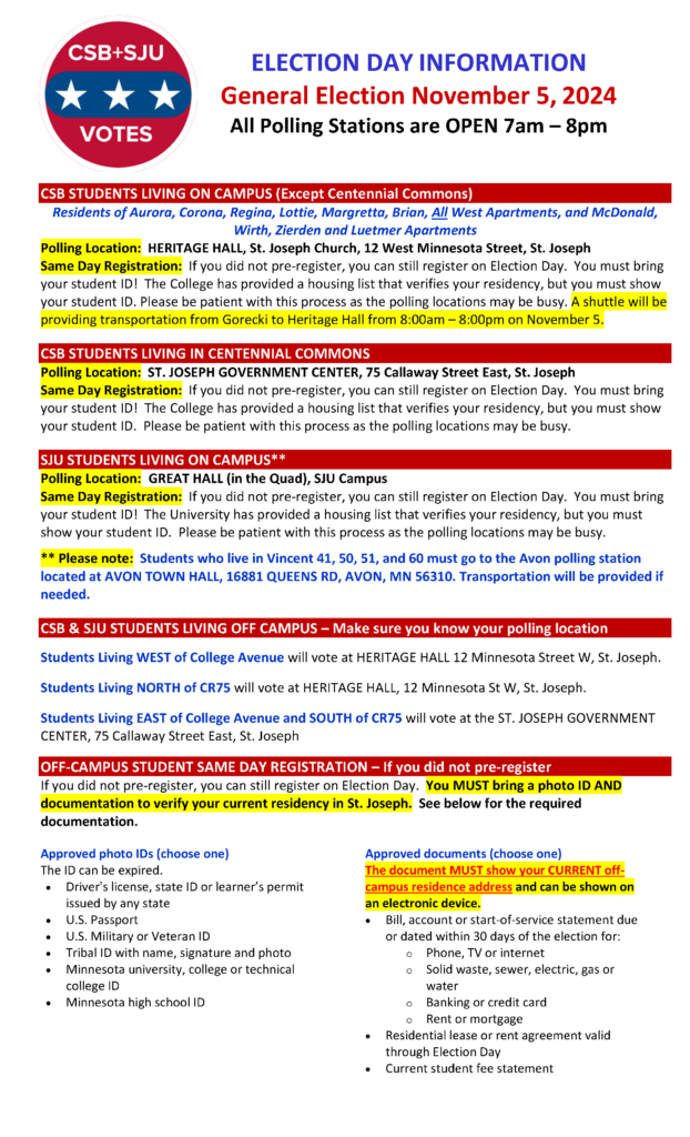 A detailed information poster about General Election Day on November 5, 2024, for CSB and SJU students. It includes polling locations, voting requirements, and registration instructions, with highlighted sections for emphasis.