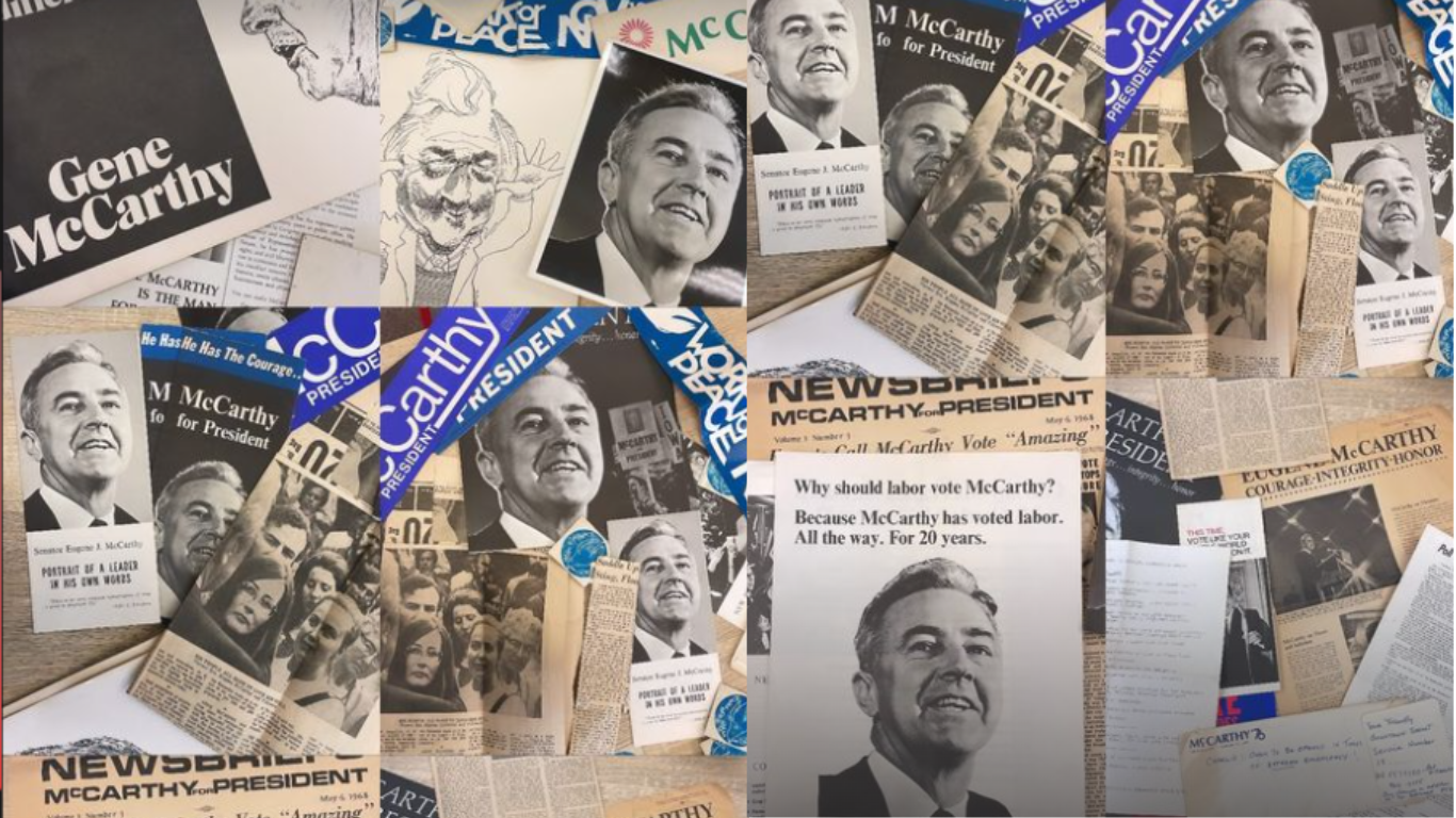 A collage of vintage campaign materials featuring Gene McCarthy, including posters, buttons, newspaper clippings, and illustrations. The theme revolves around McCarthy's presidential candidacy.