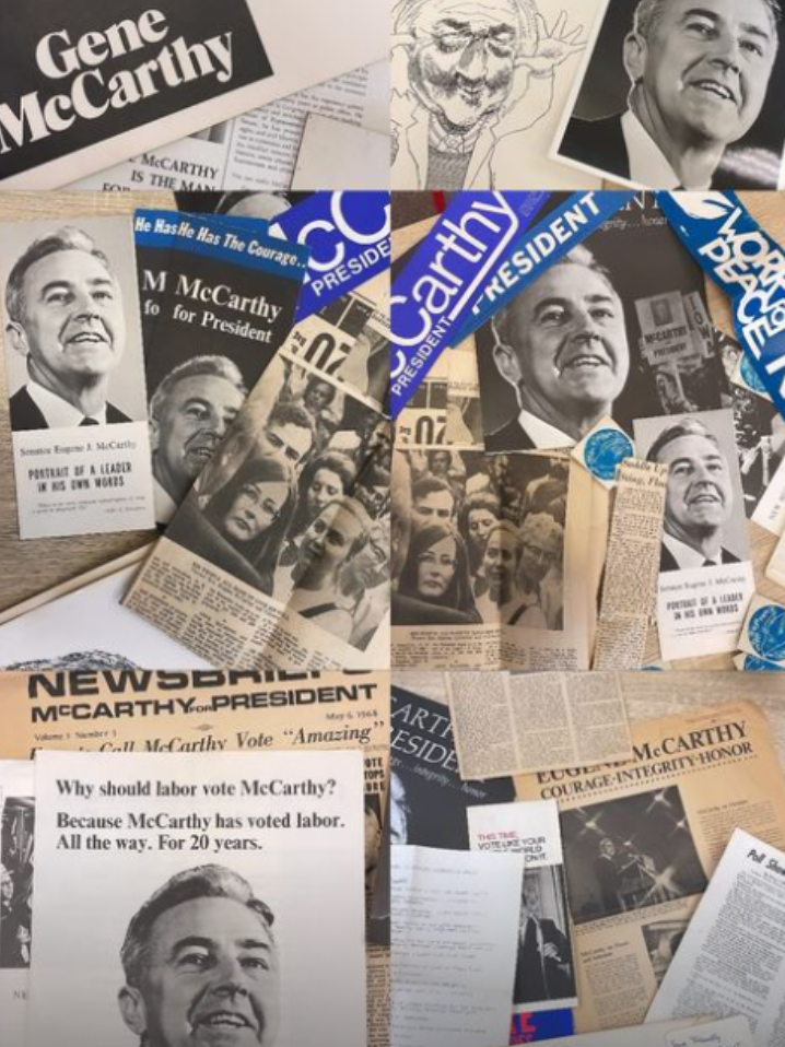 A collage of Gene McCarthy campaign materials, featuring flyers, newspaper clippings, buttons, and photos, all promoting his presidential candidacy in various layouts and designs.