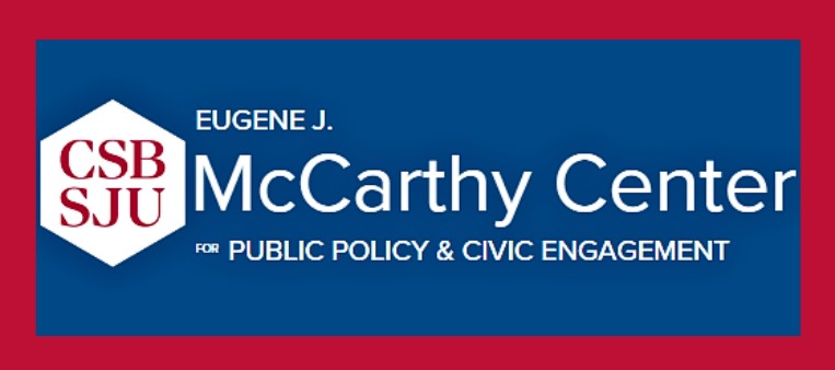 Logo of the Eugene J. McCarthy Center for Public Policy & Civic Engagement at CSB SJU, with white text on a blue background, and a hexagon containing "CSB SJU" in red on the left.