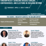 A promotional poster for "The Mark Kennedy Frontiers of Freedom Lecture Series." It advertises a webinar on April 4, 2024, about foreign policy topics with a panel of four experts. Includes a Zoom link and logos of associated organizations.