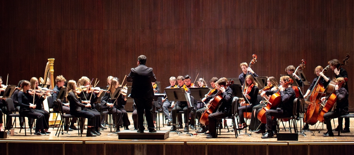 A conductor leads an orchestra in a performance on a wooden stage, with musicians playing various string instruments such as violins, cellos, and double basses. The musicians are seated in a semicircle around the conductor, all dressed in formal black attire.