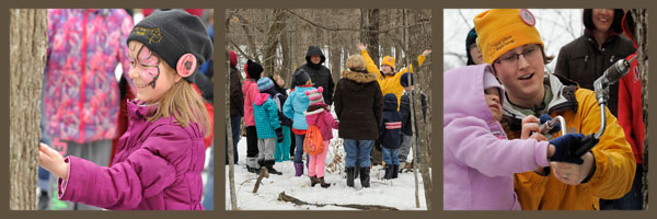 three images of children and families at a maple syrup festival