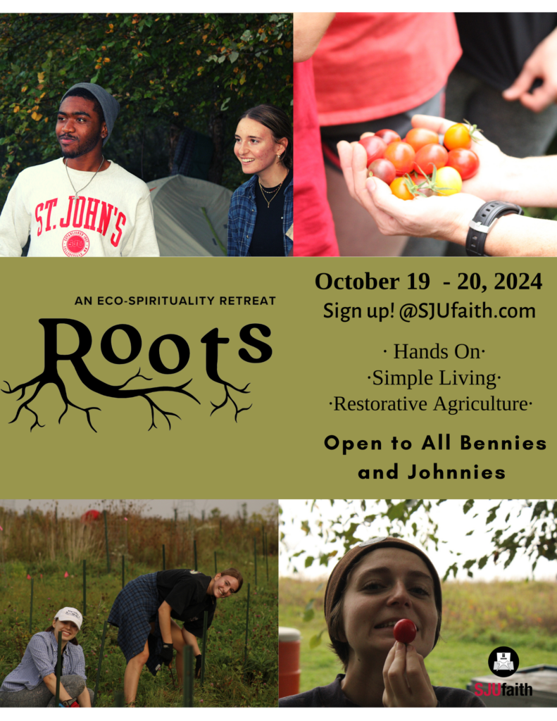 A promotional flyer for the "Roots" eco-spirituality retreat, happening October 19-20, 2024. Includes images of people harvesting and enjoying produce. The flyer promotes hands-on activities, simple living, and restorative agriculture.