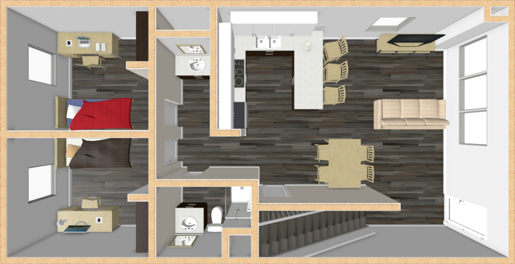 A 3D floor plan of an apartment showing two bedrooms, each with a bed and desk, a bathroom, a kitchen with a dining area, a living room with a sofa and TV, dark wood flooring, and a staircase leading to the entrance.