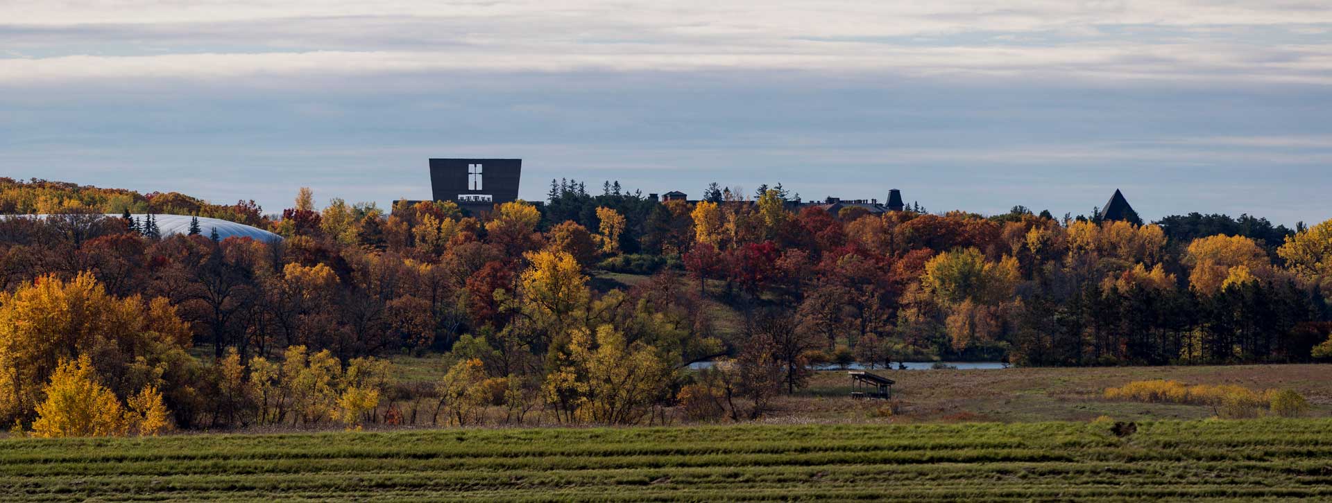 A panoramic view of a landscape with vibrant autumn foliage, displaying yellow, orange, and red trees. A few buildings are nestled among the trees, under a partly cloudy sky, with a green field in the forefront.