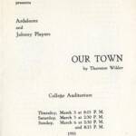 Text listing a play performance presented by the College of St. Benedict featuring Ardeleons and Johnny Players. The play, "Our Town" by Thornton Wilder, is scheduled for March 3, 5, and 6 at 8:15 PM and 2:30 PM in 1955.