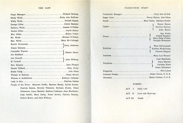 A typed theater program page listing "The Cast" on the left and "Production Staff" on the right. Names are aligned with roles and responsibilities. Act scenes are listed at the bottom: Act I "Daily Life," Act II "Love and Marriage," Act III "Death.