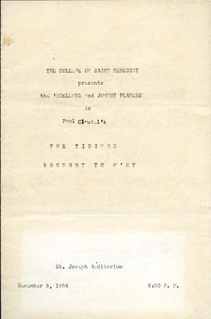 A vintage flyer from The College of Saint Benedict presenting "The Tidiinggs Brought to Mary" by Paul Claudel, performed by the Adelaide and Johnny Players at St. Joseph Auditorium on December 5, 1954, at 8:20 p.m.