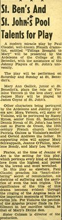 Newspaper clipping titled "St. Ben's And St. John's Pool Talents for Play" about a modern miracle play directed by Paul Gelman, featuring Mary Ann Galizia and other students. The play will be performed at the College of St. Benedict's on Saturday and Sunday.