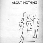 Minimalist line drawing of three abstract figures on a cover, titled "Much Ado About Nothing." One figure faces two others; one holds a document-like shape. Simple, black lines on a white background.