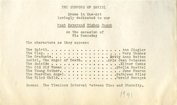 Typed play title page titled "The Summons of Sariel," listing characters and actors. Includes dedication to Most Reverend Bishop Busch, mentioning a namesday occasion. Dated 1941.