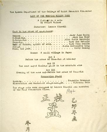 A vintage theater program titled "Lady of the Weeping Willow Tree" by Stuart Walker. It lists the cast, scenes, and act details. Japanese characters and the year 1942 are visible at the bottom. Director: Leone Kissell.