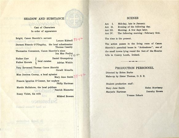 A playbill titled "Shadow and Substance" lists the cast and production crew. It includes scenes titled Act I to Act IV and names roles such as Bridget and Father Corr. Names of actors and production personnel are handwritten next to printed text.