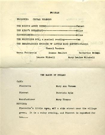 A typed program featuring a prologue and a play titled "The Maker of Dreams." It lists a choral reading and multiple readers, along with cast members' names and the setting of the play. Some handwritten edits are present.