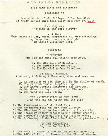 Typed program titled "God Loves Humanity," dated December 19, 1944. Features sections: "Synopsis," "In Fallen Humanity," "III Manifestation of the Light," and "IV The Redemption." Dedicated to students of the College of St. Benedict.