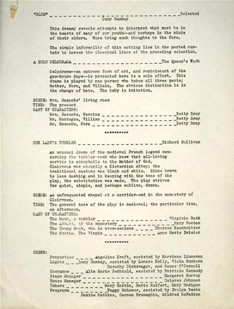 A typewritten theater program page with details of a performance. It includes sections titled "Proem," "A Solo Melodrama," and "Our Lady's Tumbler," listing cast and crew members, roles, and a brief descriptive text for each segment.