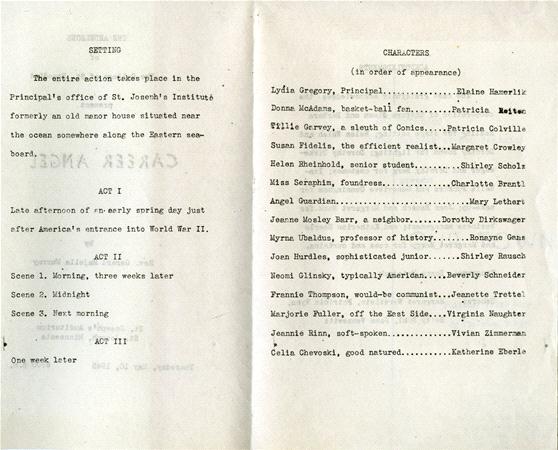 A typed script page lists settings and characters for a play. It details the setting of St. Joseph’s Institute, and provides a character list including names and brief descriptions, separated by acts and scenes.