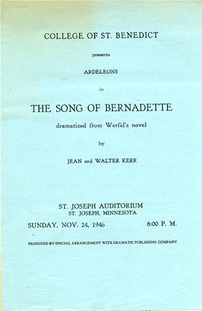 Blue flyer for a play titled "The Song of Bernadette" by Jean and Walter Kerr, presented by Ardeleons at St. Joseph Auditorium, St. Joseph, Minnesota, on Sunday, Nov. 24, 1946, at 8:00 PM. Hosted by College of St. Benedict.