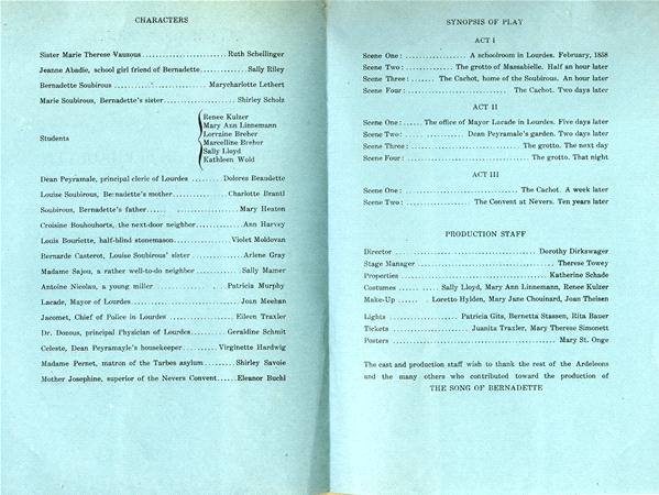 A theater program with two pages. The left page lists characters and their actors. The right page contains a synopsis of the play and credits for the production staff, including roles like director and stage manager. Text is in black on a light blue background.