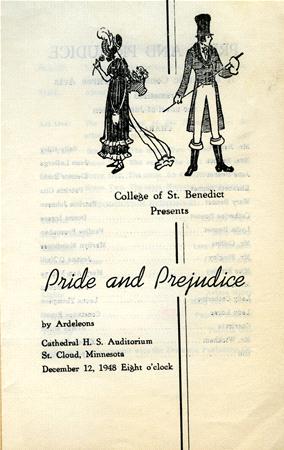 Vintage illustration of a man and woman in period clothing. Text reads: "College of St. Benedict Presents Pride and Prejudice by Ardeleonas, Cathedral H.S. Auditorium, St. Cloud, Minnesota, December 12, 1948 Eight o'clock.