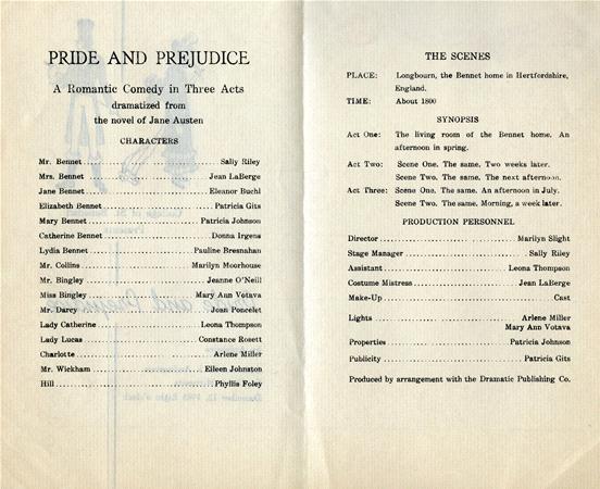 A two-page theater program for "Pride and Prejudice," a three-act romantic comedy. It lists characters, cast members, synopsis, and production personnel. The setting is Longbourn, England, around 1810.