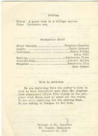 A vintage typewritten document detailing the setting and production staff for a play, set in a "gypsy camp in a village square" on Christmas Eve. It includes a note to the audience and is dated December 19, 1945, from the College of St. Benedict.