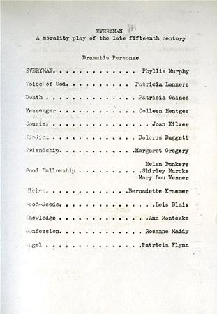 A typed list titled "Dramatis Personae" for the play "Everyman," with character names like "Everyman," "Death," and "Messenger," followed by actor names such as Phyllis Murphy and Patricia Gaines, each separated by dots.